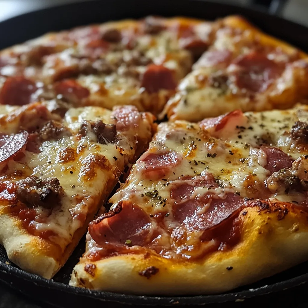 Masa de pizza en sartén cocinándose hasta dorarse.