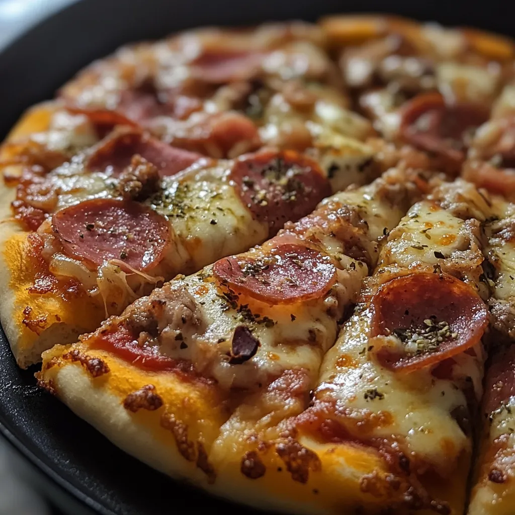 Pizza casera en sartén con ingredientes frescos y crujientes.
