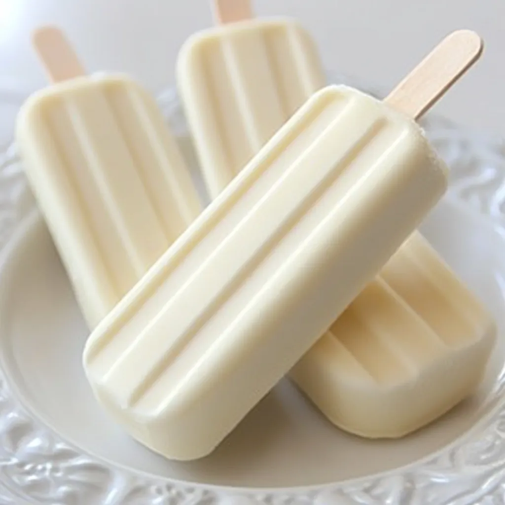 Paletas de helado de leche condensada y leche en polvo servidas en un plato blanco, con una textura cremosa y un color suave.