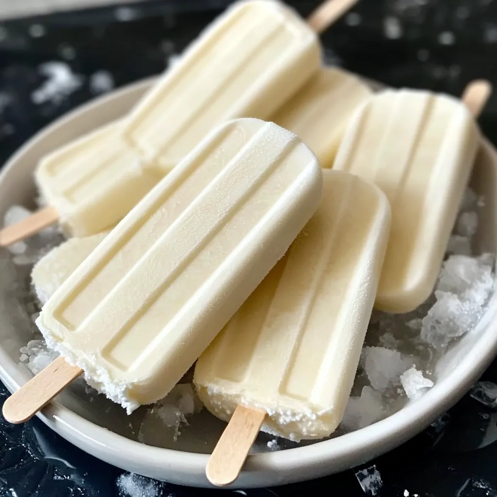 Paletas de helado de leche condensada y leche en polvo servidas en un plato blanco, con una textura cremosa y un color suave.