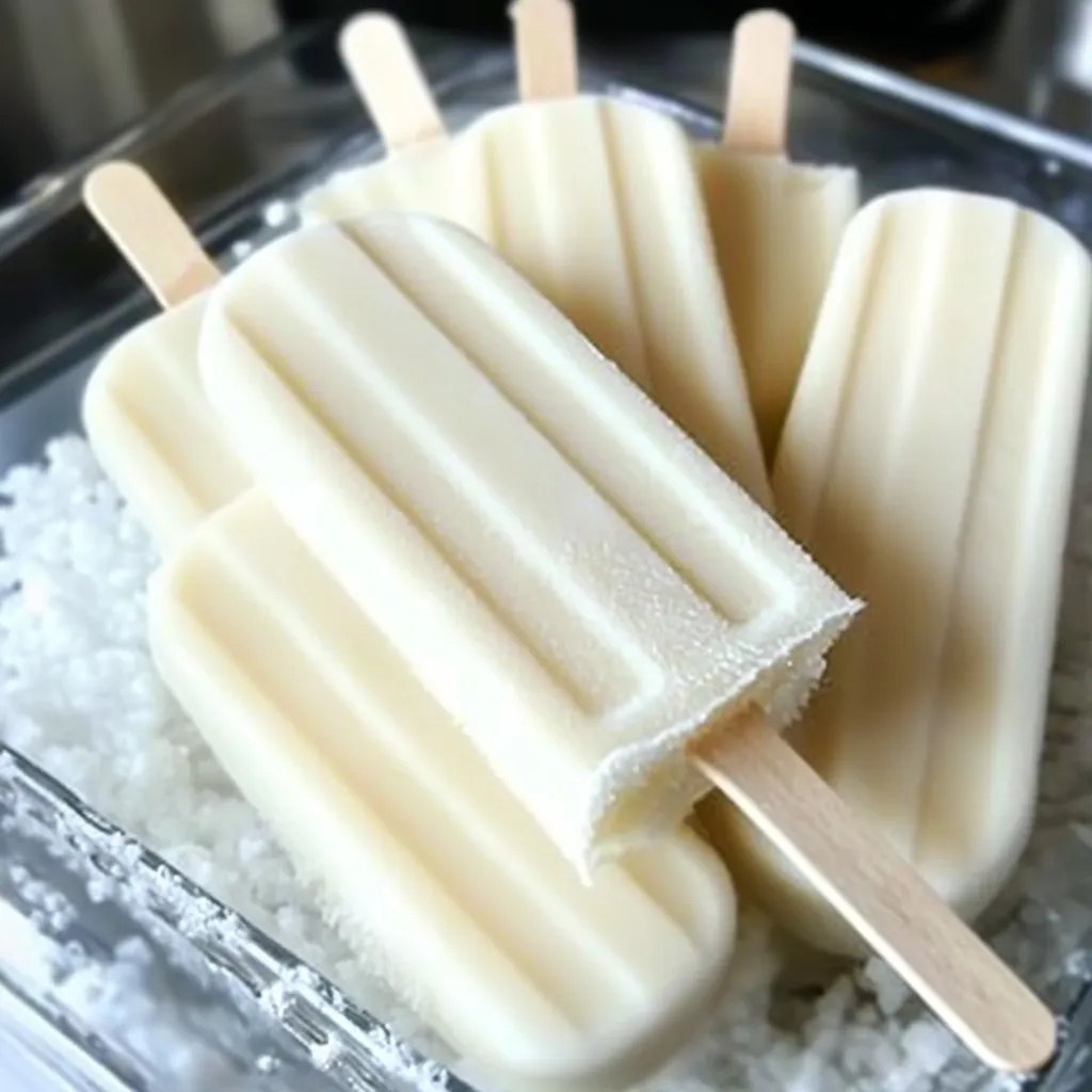 Paletas de helado de leche condensada y leche en polvo servidas en un plato blanco, con una textura cremosa y un color suave.
