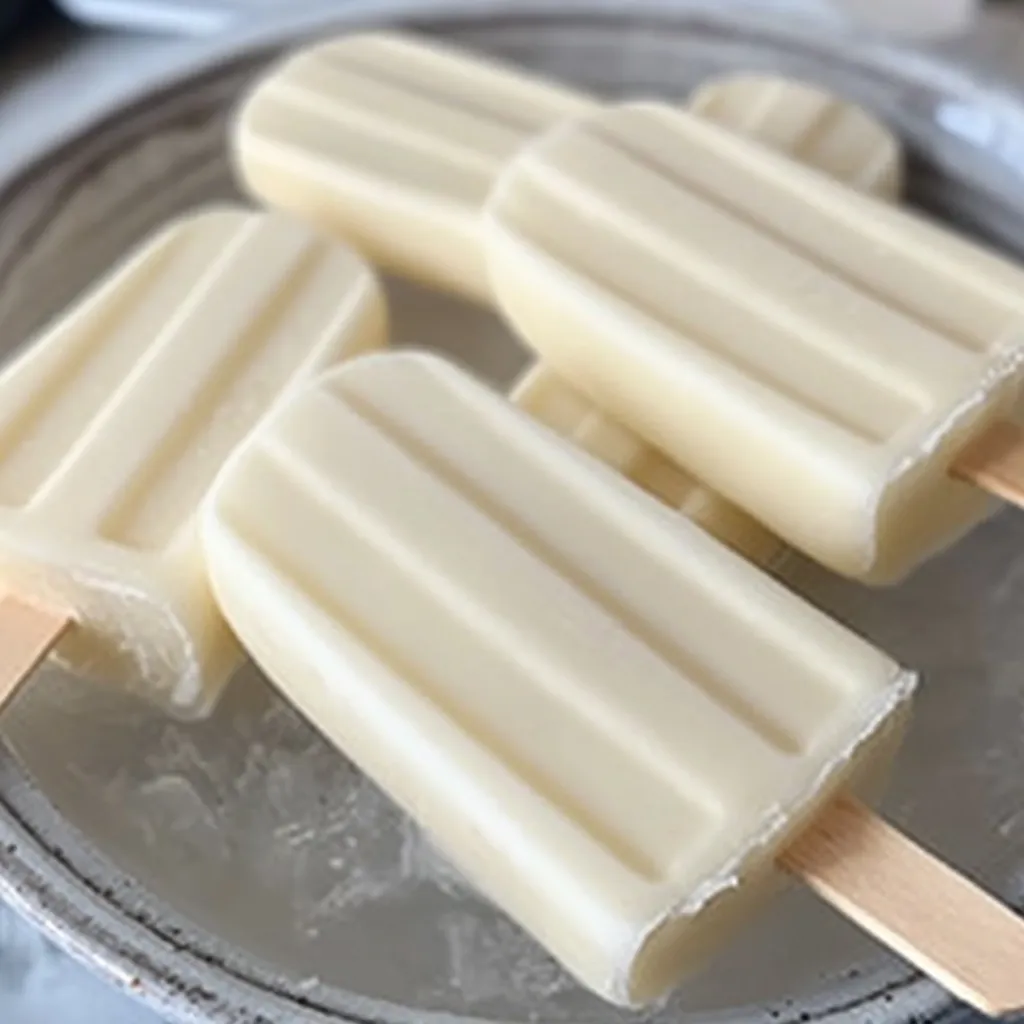 Paletas de helado de leche condensada y leche en polvo servidas en un plato blanco, con una textura cremosa y un color suave.