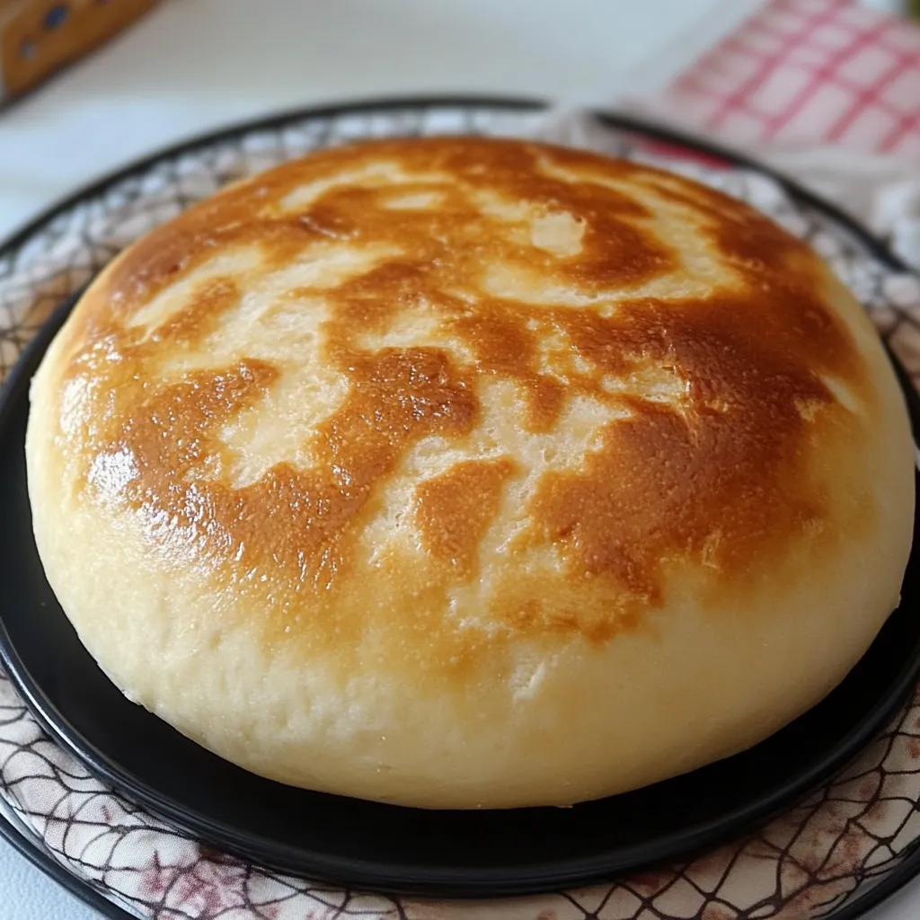 Pan casero en sartén recién hecho y dorado sobre un plato. Masa reposando antes de cocinarse en sartén. Pan casero en sartén partido por la mitad mostrando su textura esponjosa.