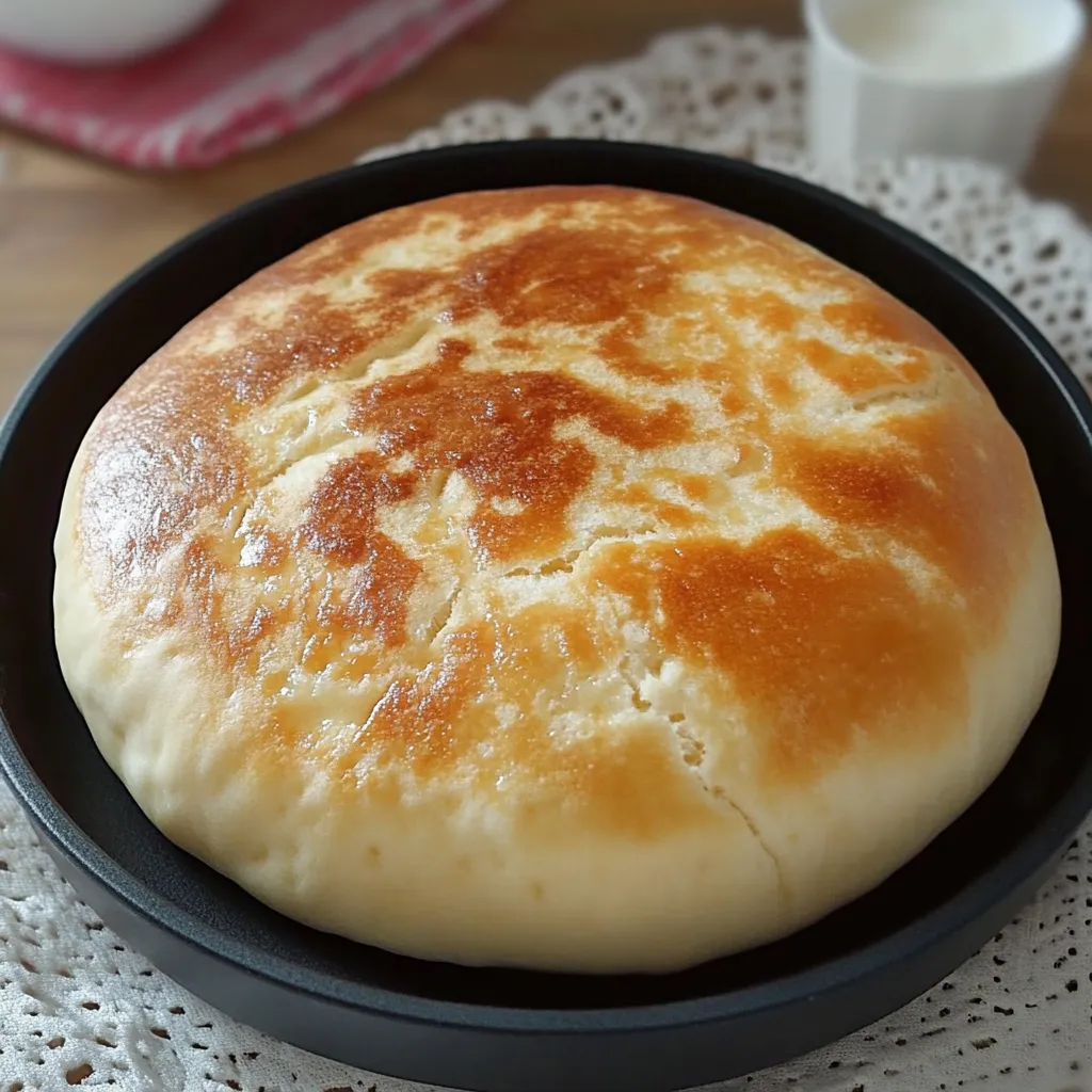 Pan casero en sartén recién hecho y dorado sobre un plato. Masa reposando antes de cocinarse en sartén. Pan casero en sartén partido por la mitad mostrando su textura esponjosa.