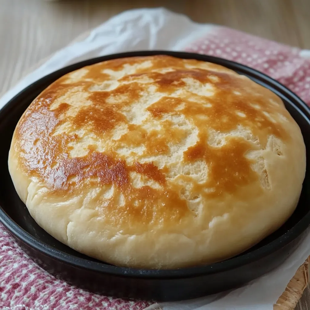 Pan casero en sartén recién hecho y dorado sobre un plato. Masa reposando antes de cocinarse en sartén. Pan casero en sartén partido por la mitad mostrando su textura esponjosa.
