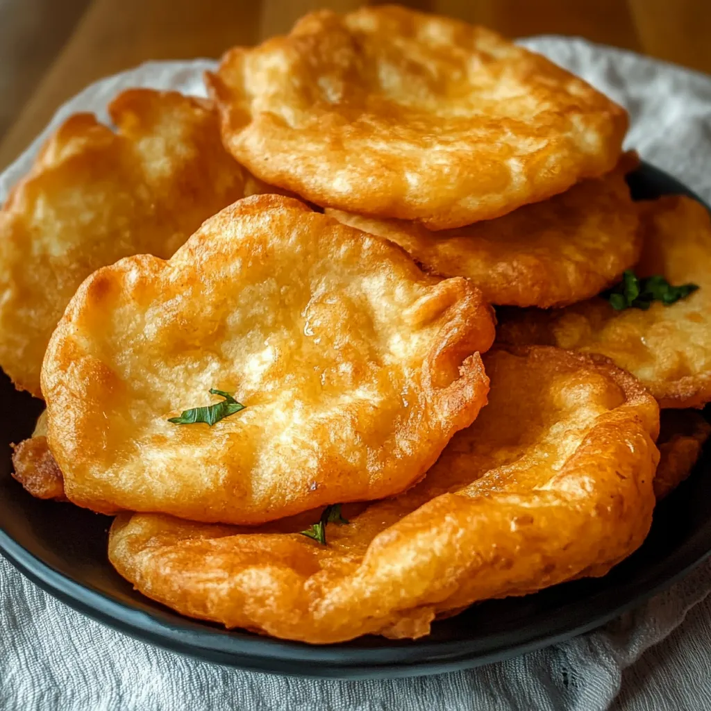 Pan Frito Indio (Poori) dorado, servido en un plato junto a un curry especiado.