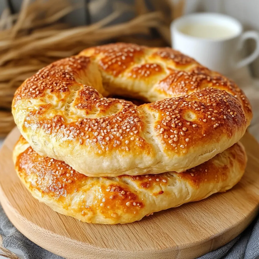 Simit turco casero recién horneado con sésamo dorado sobre una tabla de madera.