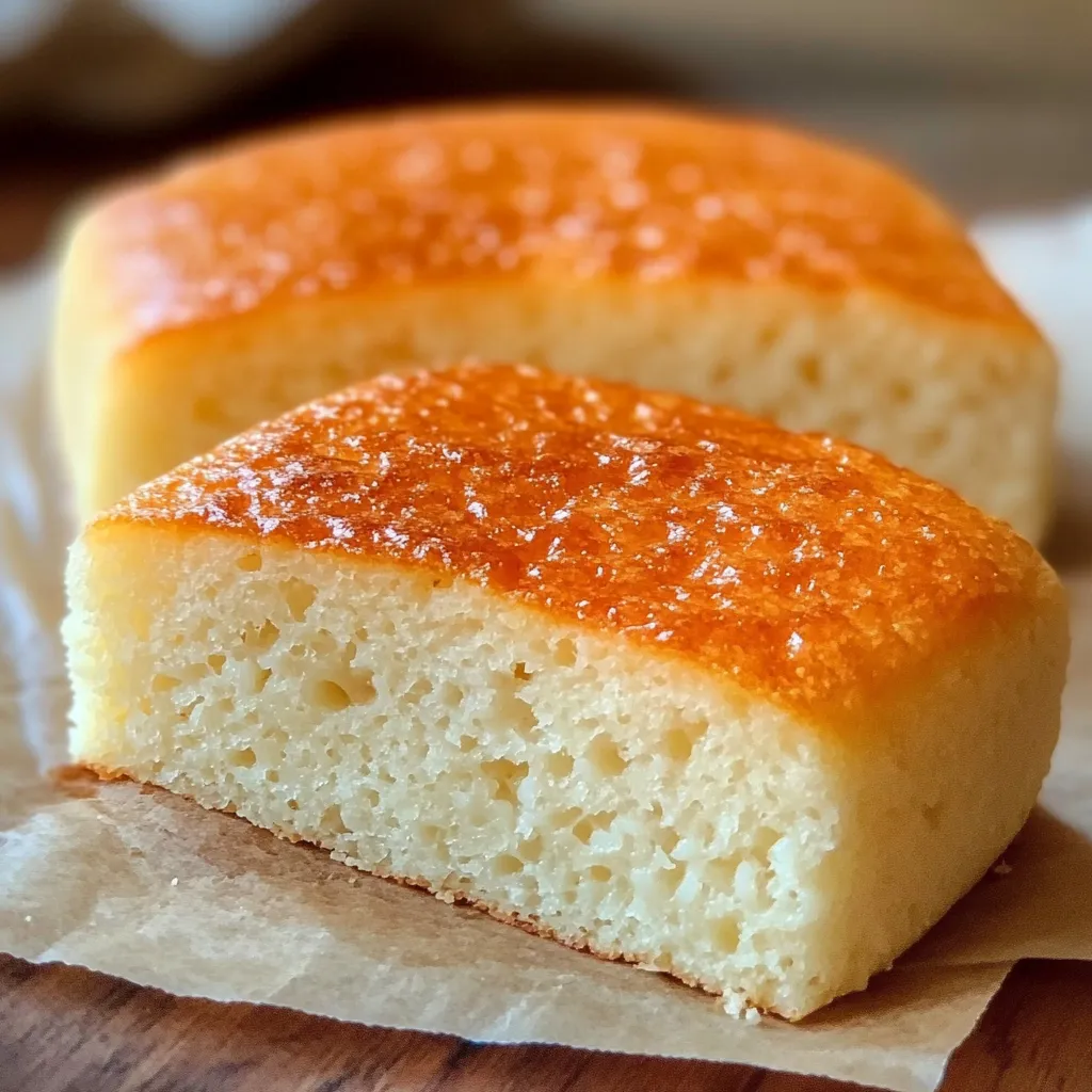 Pan de arroz esponjoso sin horno servido en un plato.