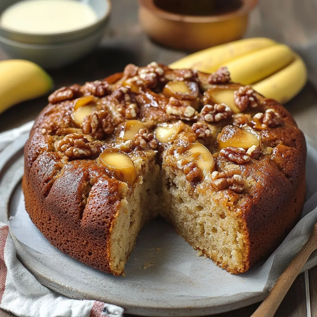 Pan de plátano con nueces recién horneado y cortado en rebanadas.
