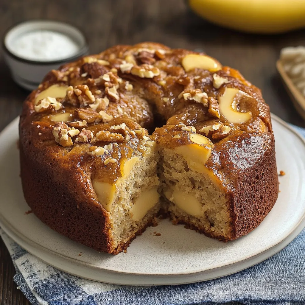Pan de plátano con nueces recién horneado y cortado en rebanadas.