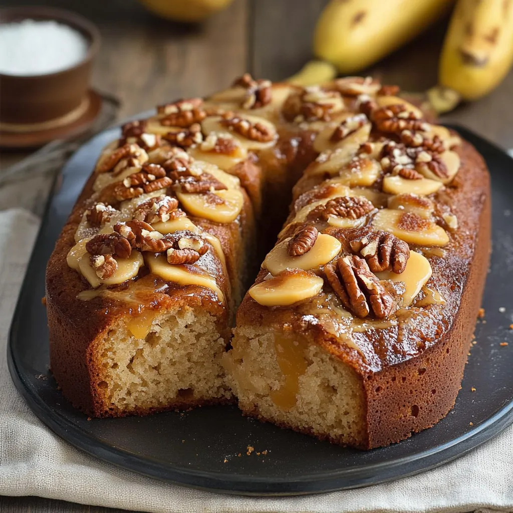 Pan de plátano con nueces recién horneado y cortado en rebanadas.