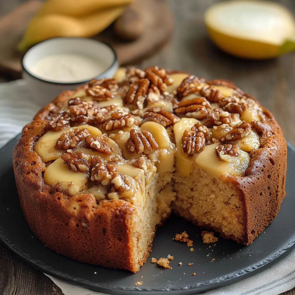 Pan de plátano con nueces recién horneado y cortado en rebanadas.