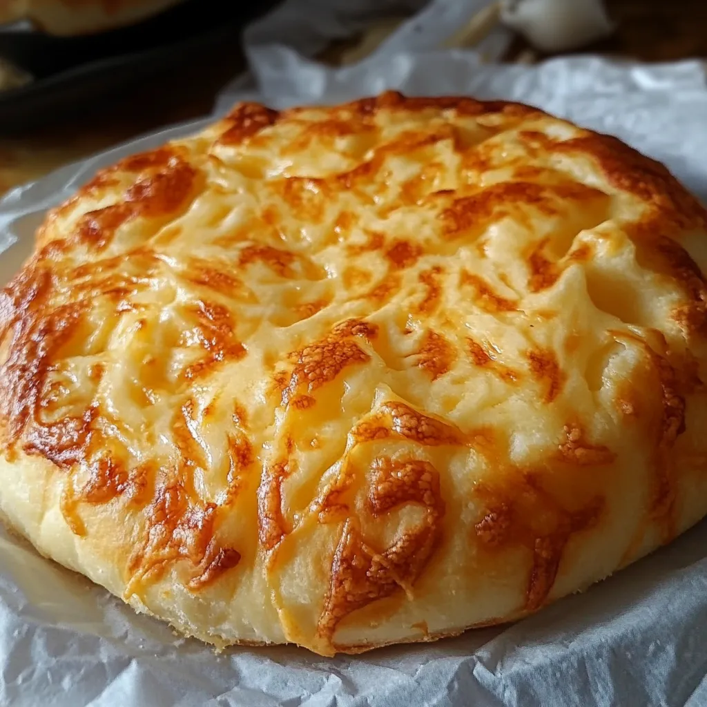 Pan de queso sin horno recién hecho en sartén, con una textura esponjosa.