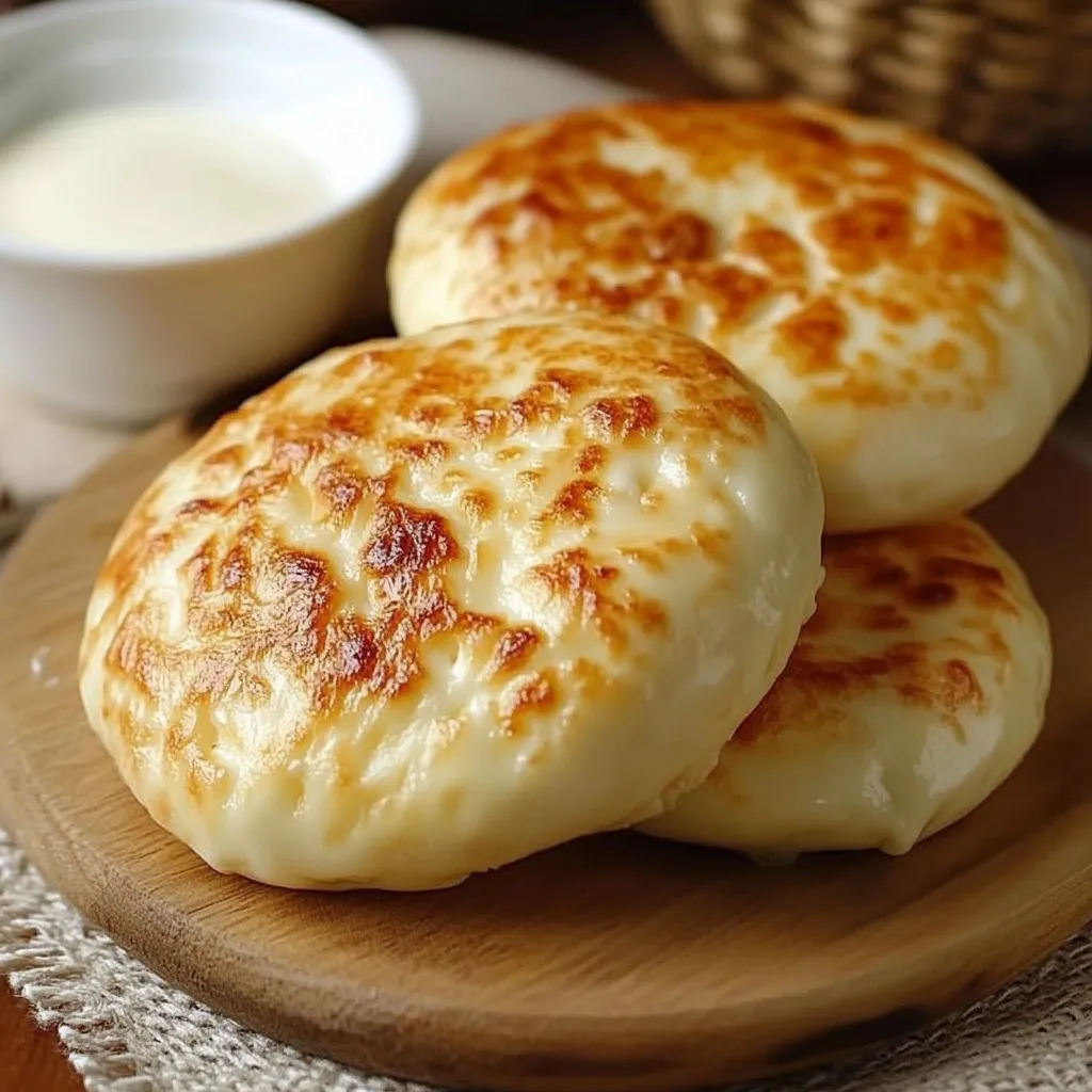 Imagen de un pan de queso sin horno, cocido en sartén, con una textura dorada y esponjosa, acompañado de mantequilla y hierbas frescas.