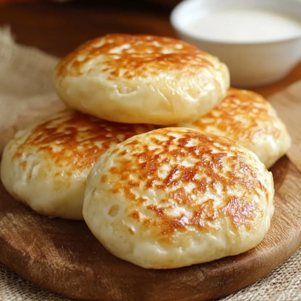 Imagen de un pan de queso sin horno, cocido en sartén, con una textura dorada y esponjosa, acompañado de mantequilla y hierbas frescas.