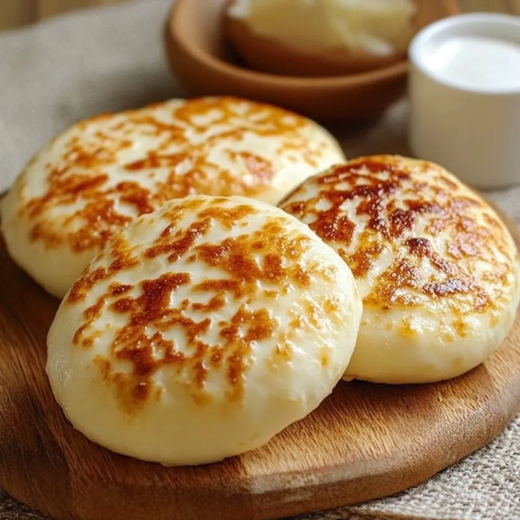 Imagen de un pan de queso sin horno, cocido en sartén, con una textura dorada y esponjosa, acompañado de mantequilla y hierbas frescas.