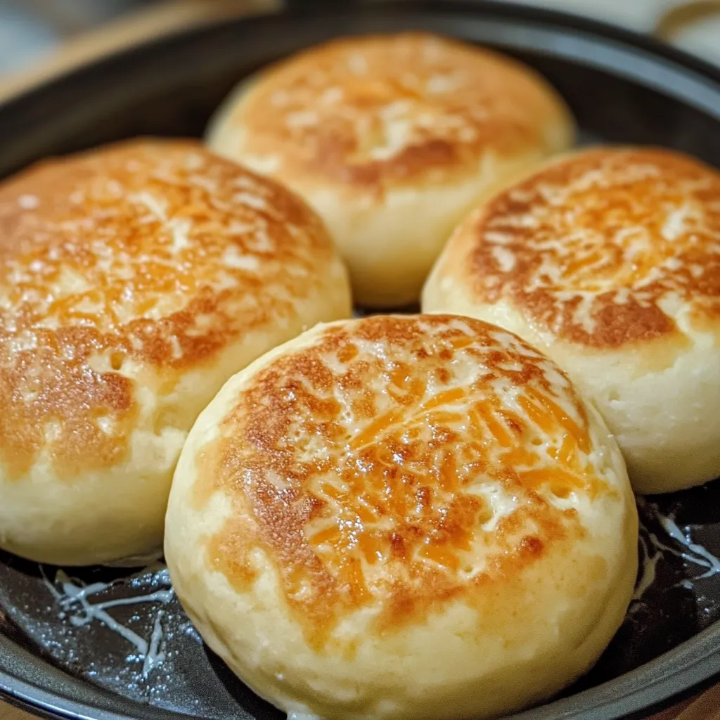 Pan de queso sin horno dorado y esponjoso servido en un plato.