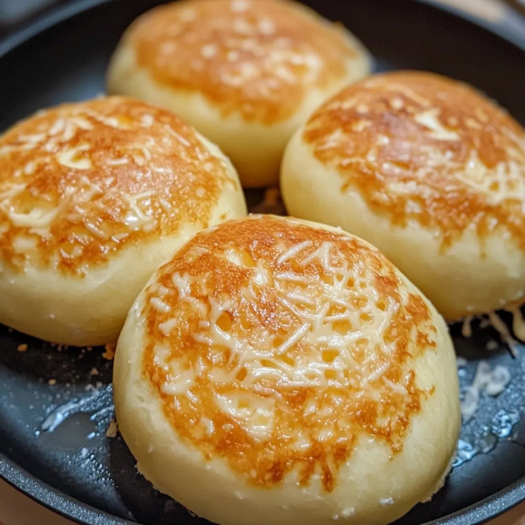 Pan de queso sin horno dorado y esponjoso servido en un plato.