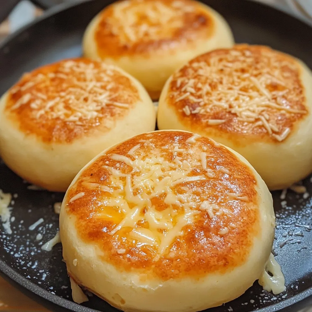 Pan de queso sin horno dorado y esponjoso servido en un plato.