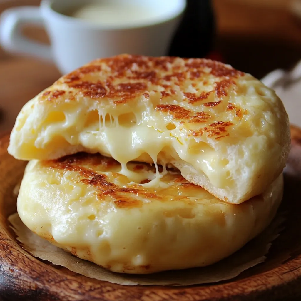Pan de queso sin horno cocido en sartén, dorado y esponjoso, servido en un plato.