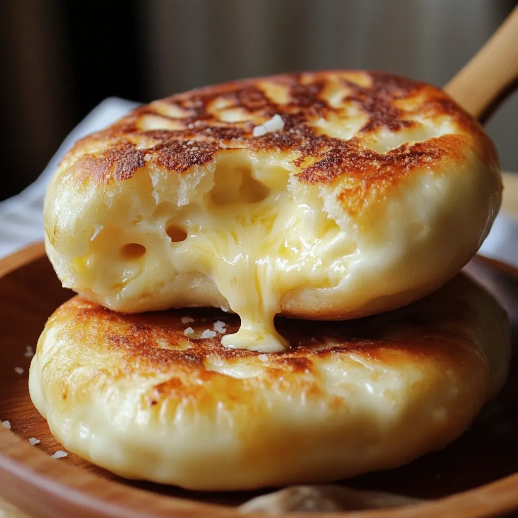 Pan de queso sin horno cocido en sartén, dorado y esponjoso, servido en un plato.
