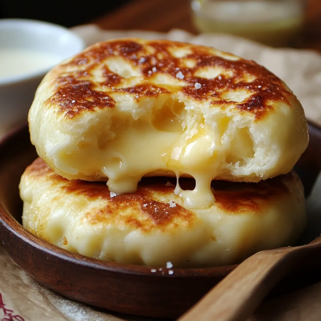 Pan de queso sin horno cocido en sartén, dorado y esponjoso, servido en un plato.