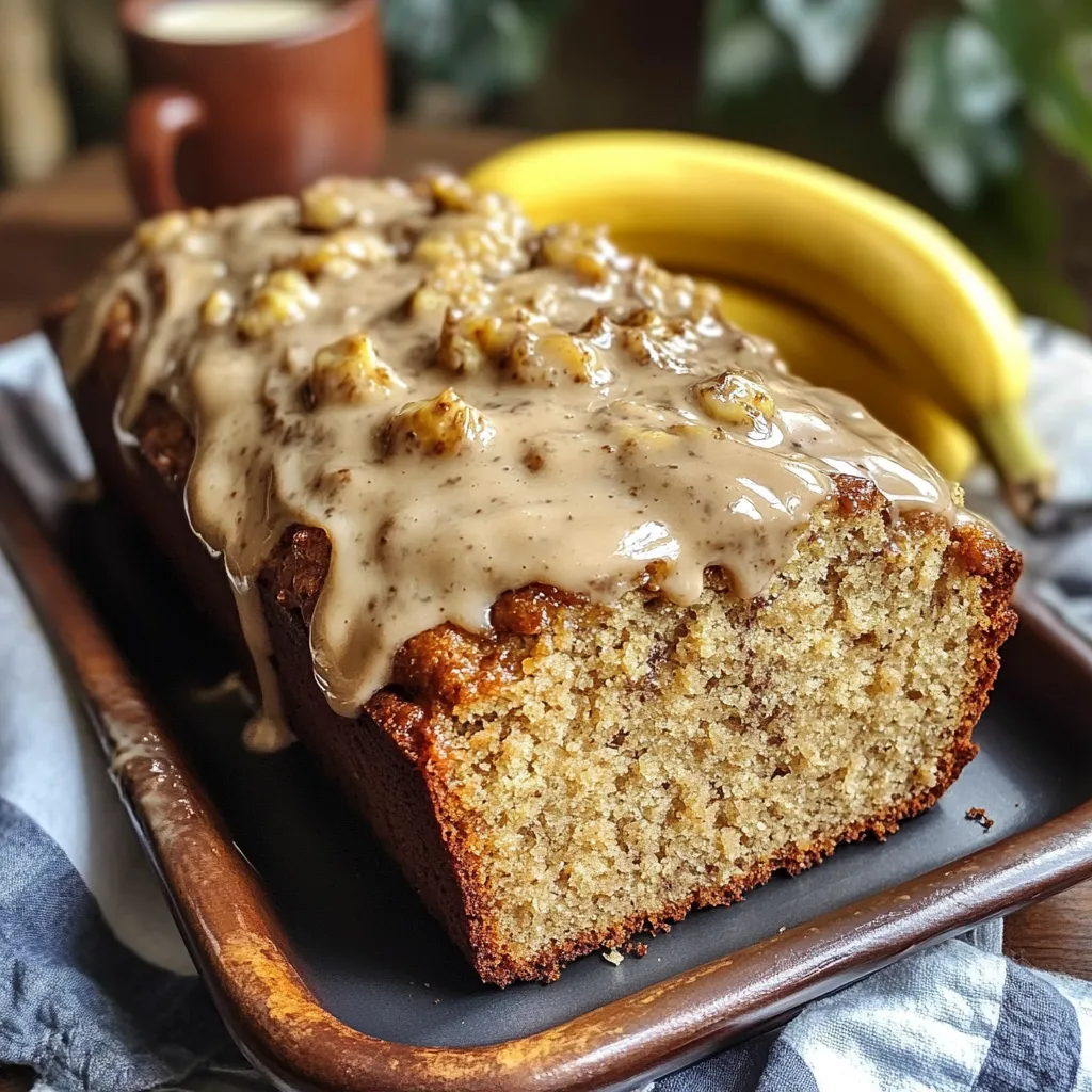 Pan de plátano casero con glaseado de café servido en un plato de madera.