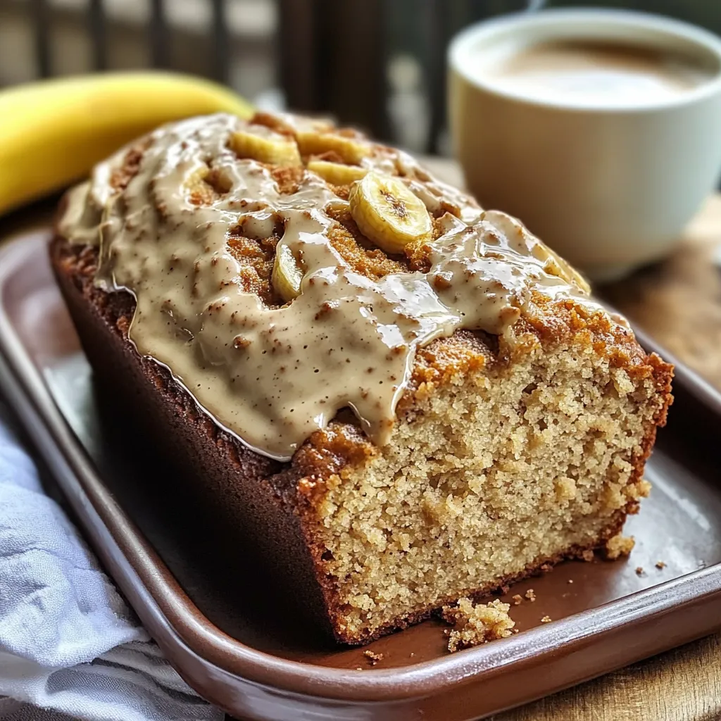 Pan de plátano casero con glaseado de café servido en un plato de madera.