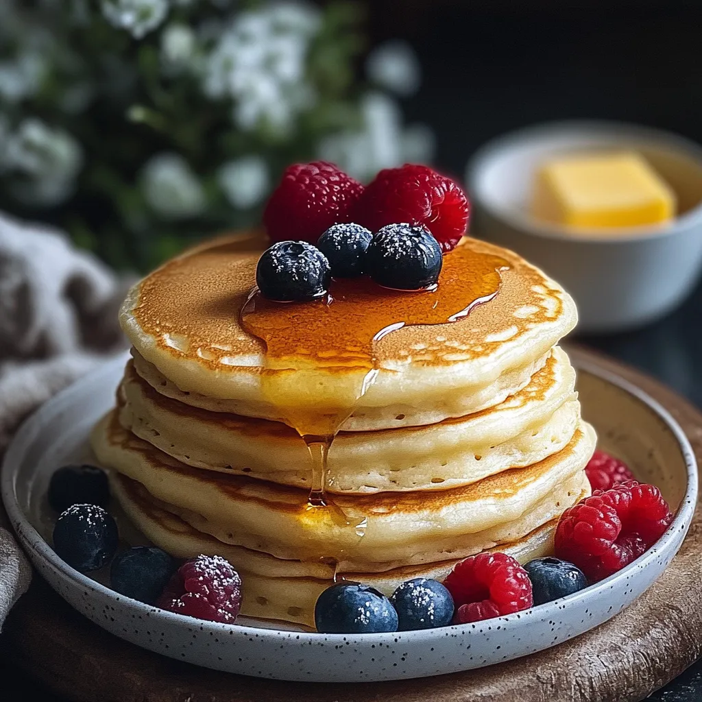 Panqueques caseros dorados y esponjosos servidos con miel y frutas frescas sobre un plato blanco.
