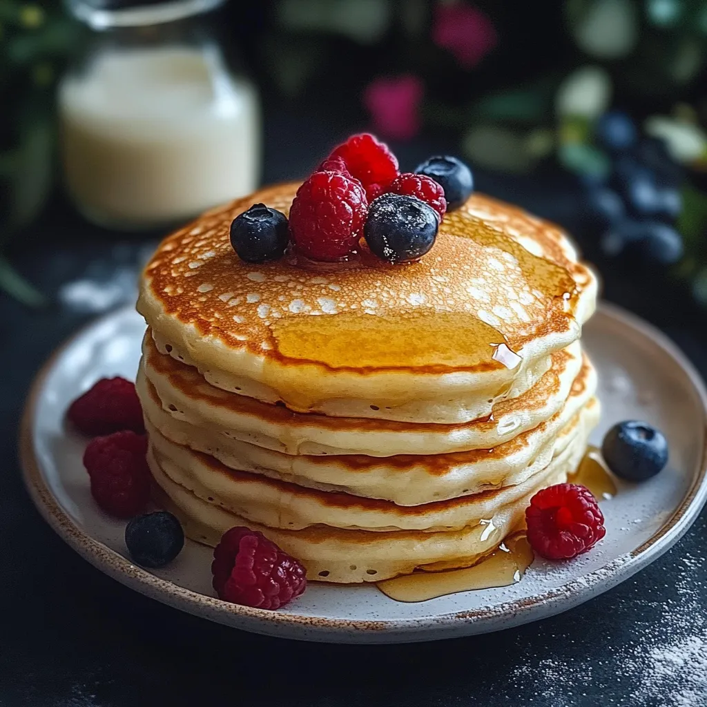 Panqueques caseros dorados y esponjosos servidos con miel y frutas frescas sobre un plato blanco.