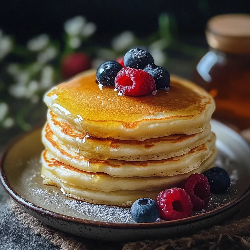 Panqueques caseros dorados y esponjosos servidos con miel y frutas frescas sobre un plato blanco.