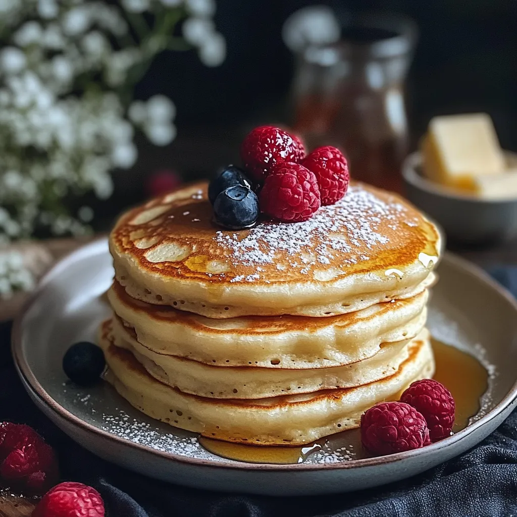 Panqueques caseros dorados y esponjosos servidos con miel y frutas frescas sobre un plato blanco.