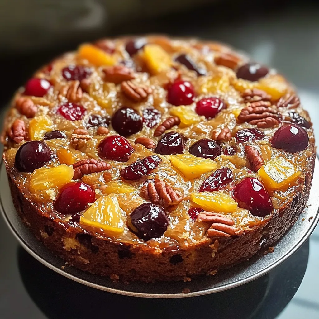 Pastel de frutas casero con frutas cristalizadas y coco rallado, listo para servir.