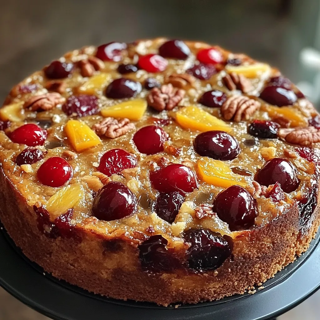 Pastel de frutas casero con frutas cristalizadas y coco rallado, listo para servir.