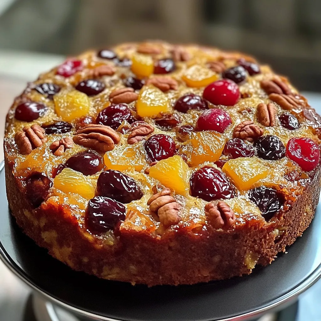 Pastel de frutas casero con frutas cristalizadas y coco rallado, listo para servir.
