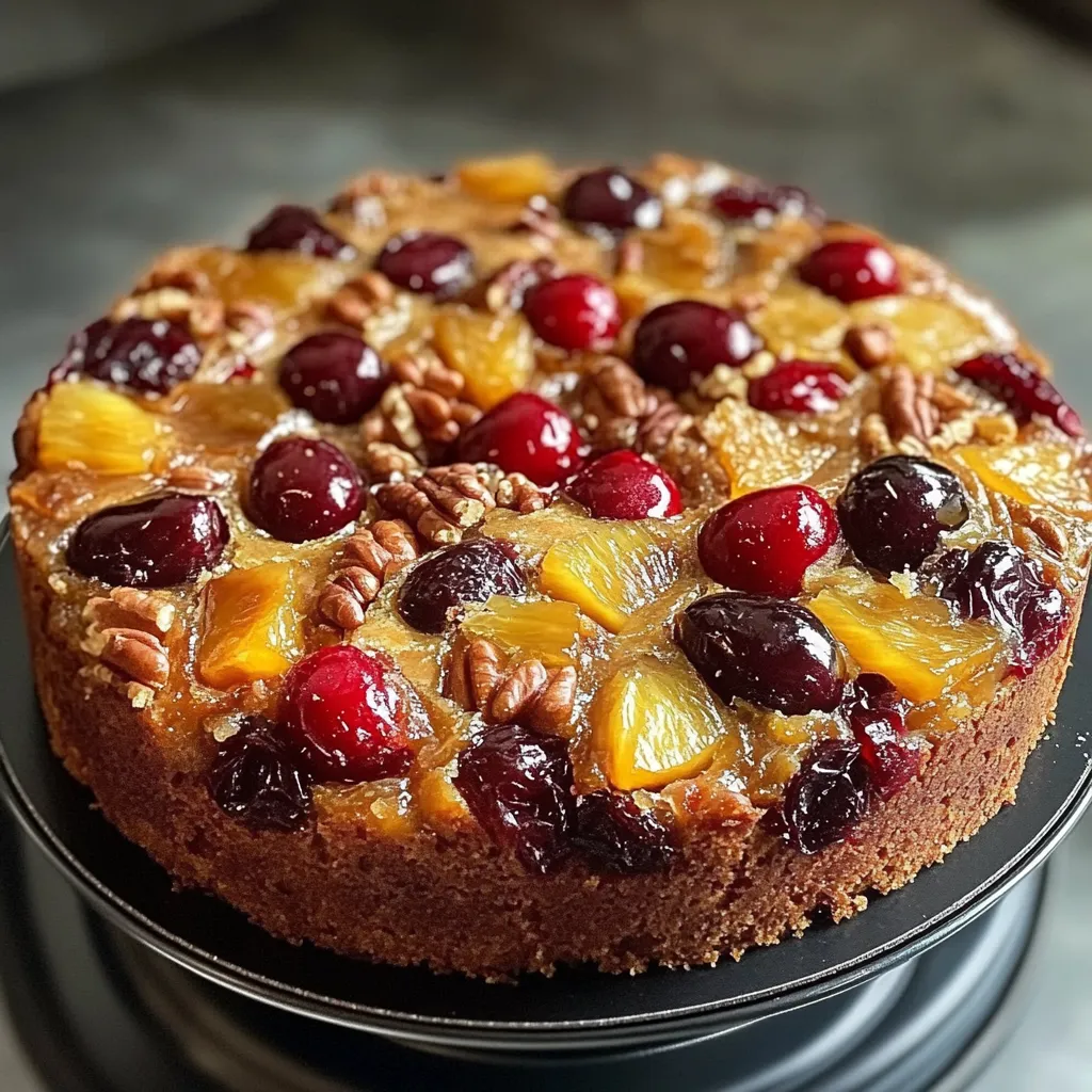 Pastel de frutas casero con frutas cristalizadas y coco rallado, listo para servir.