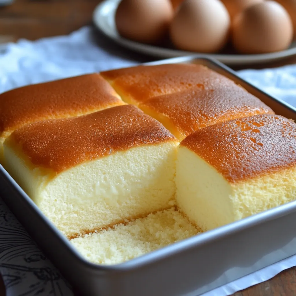 Pastel de algodón dorado y esponjoso servido en un plato con un fondo rústico.