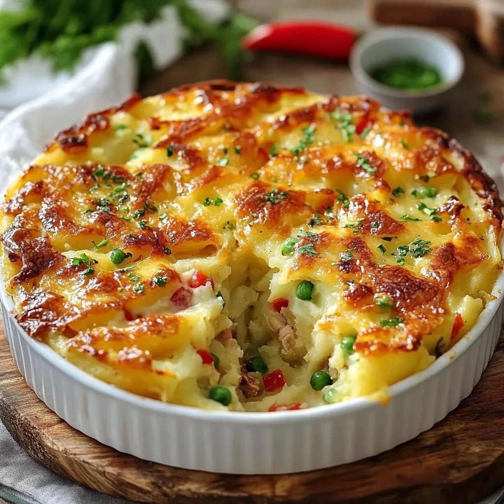 Pastel de pollo y papa recién horneado con queso derretido y perejil fresco, servido en una fuente de cerámica.