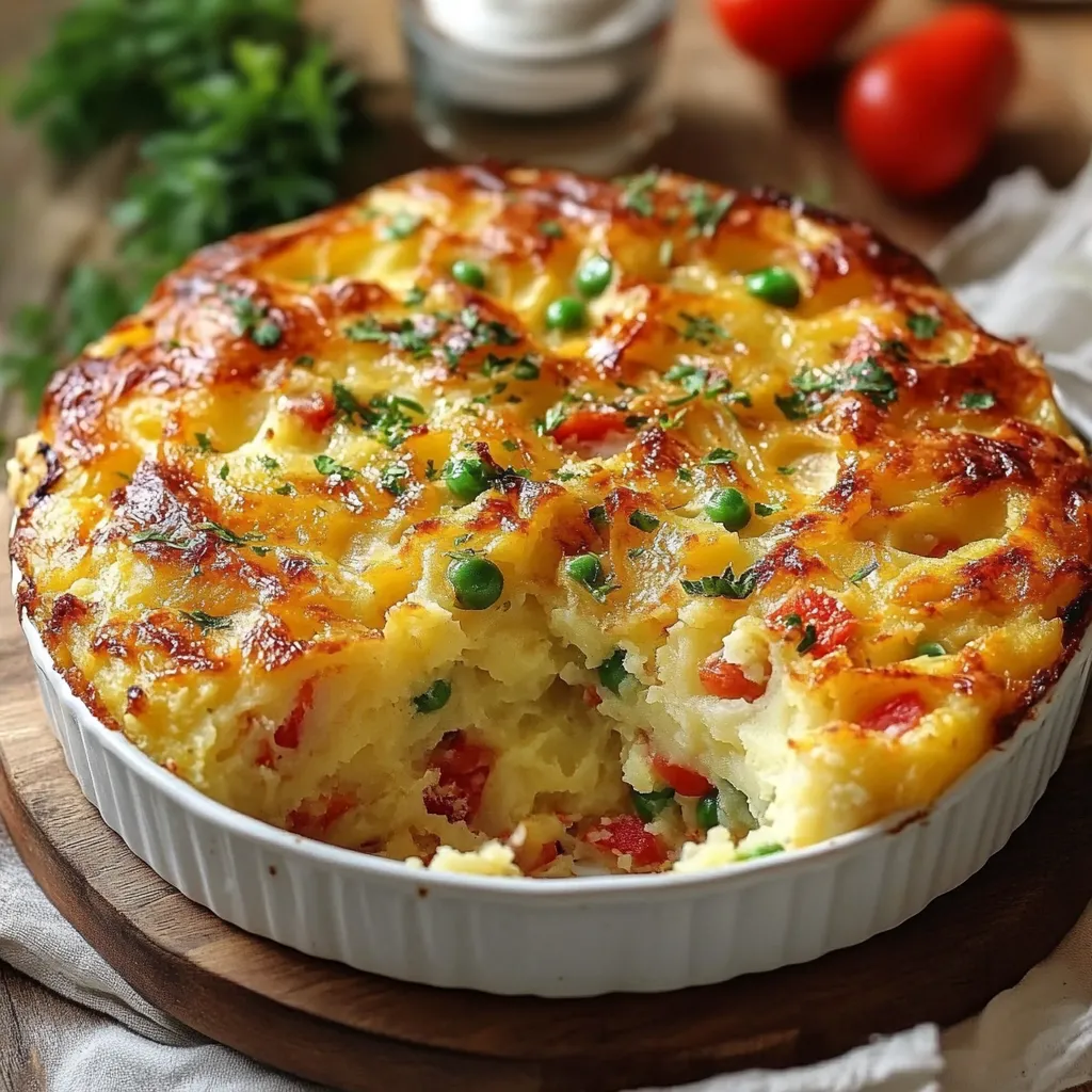 Pastel de pollo y papa recién horneado con queso derretido y perejil fresco, servido en una fuente de cerámica.