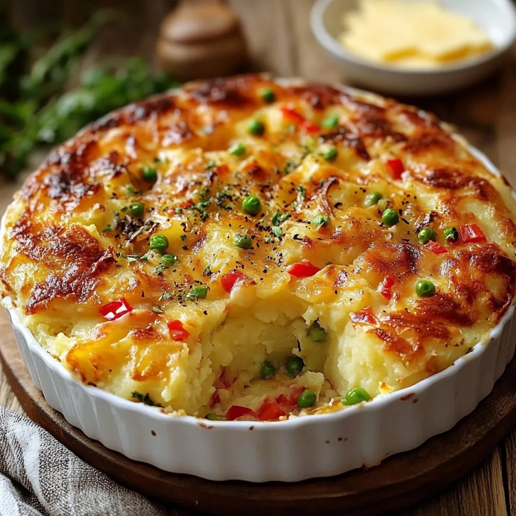 Pastel de pollo y papa recién horneado con queso derretido y perejil fresco, servido en una fuente de cerámica.