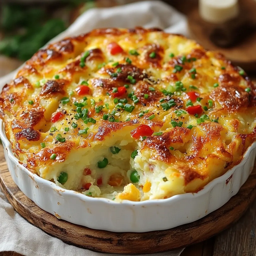 Pastel de pollo y papa recién horneado con queso derretido y perejil fresco, servido en una fuente de cerámica.