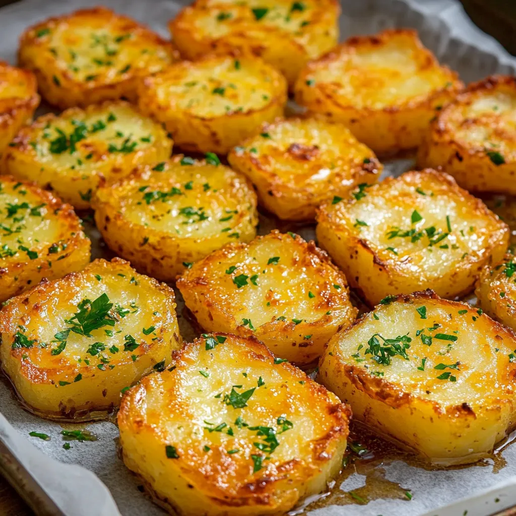 Patatas crujientes doradas en un plato, decoradas con perejil fresco, listas para servir con salsa.