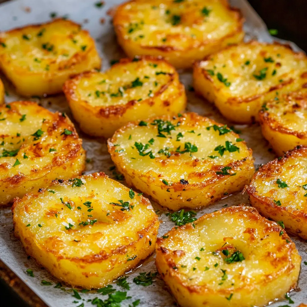 Patatas crujientes doradas en un plato, decoradas con perejil fresco, listas para servir con salsa.