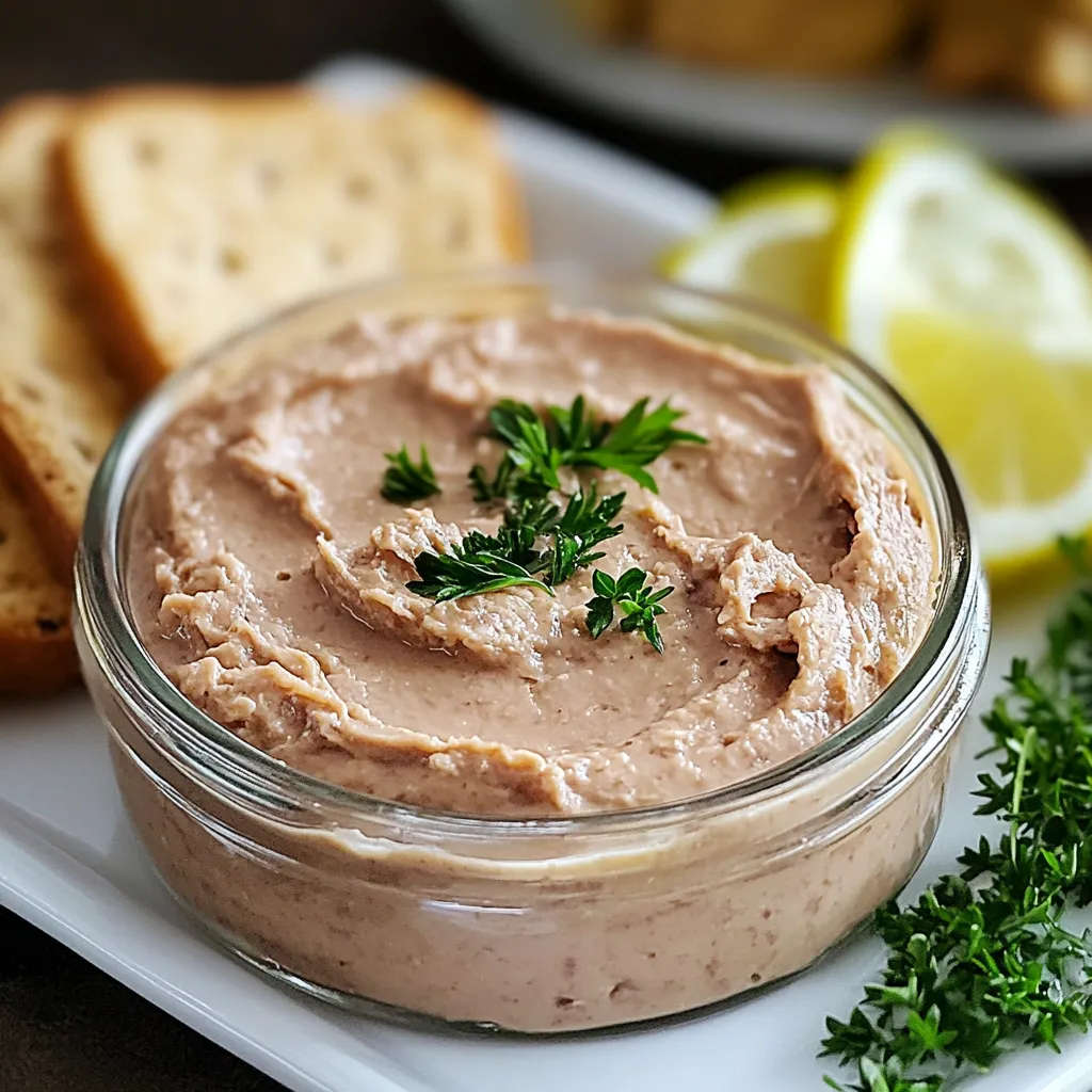 Paté de atún casero servido en un cuenco con tostadas y perejil fresco.