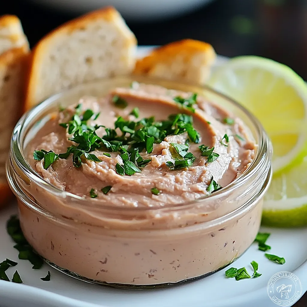 Paté de atún casero servido en un cuenco con tostadas y perejil fresco.