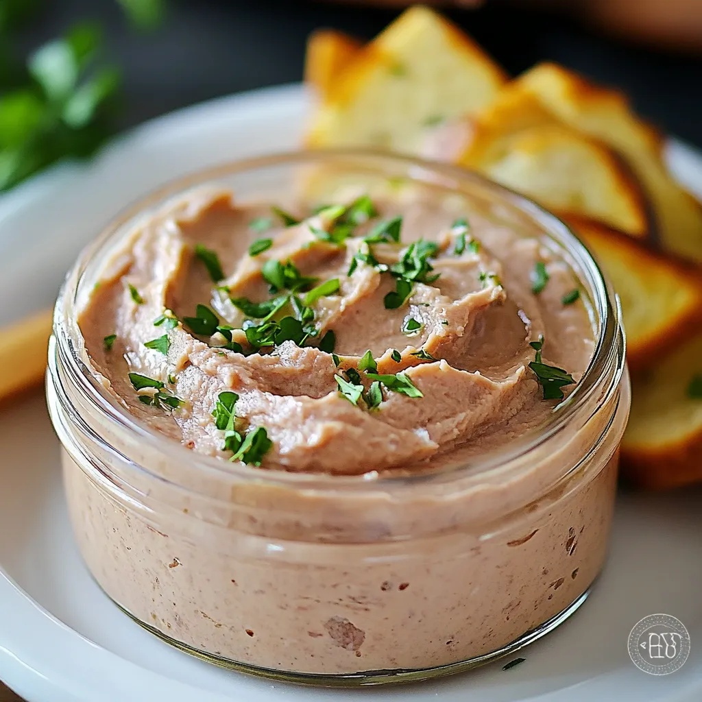 Paté de atún casero servido en un cuenco con tostadas y perejil fresco.