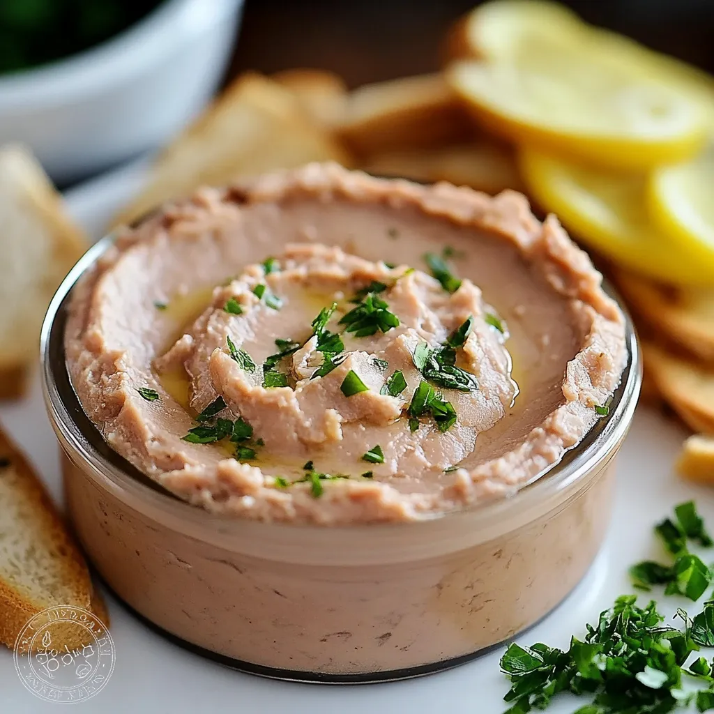 Paté de atún casero servido en un cuenco con tostadas y perejil fresco.