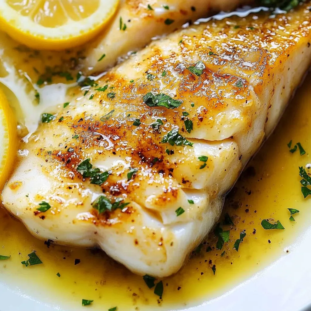 Filetes de pescado al limón con salsa de mantequilla servidos con perejil fresco.