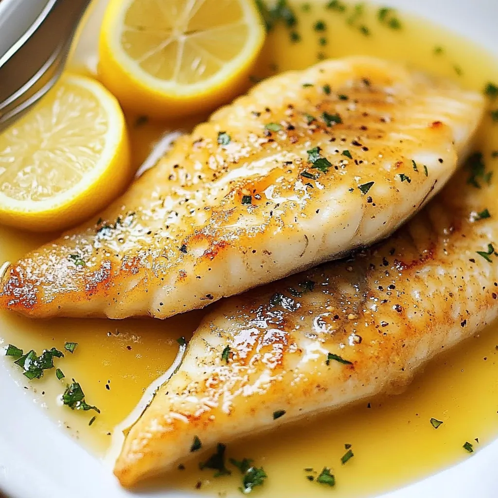 Filetes de pescado al limón con salsa de mantequilla servidos con perejil fresco.