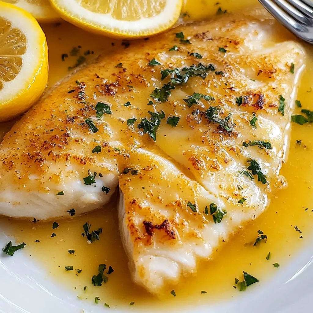 Filetes de pescado al limón con salsa de mantequilla servidos con perejil fresco.
